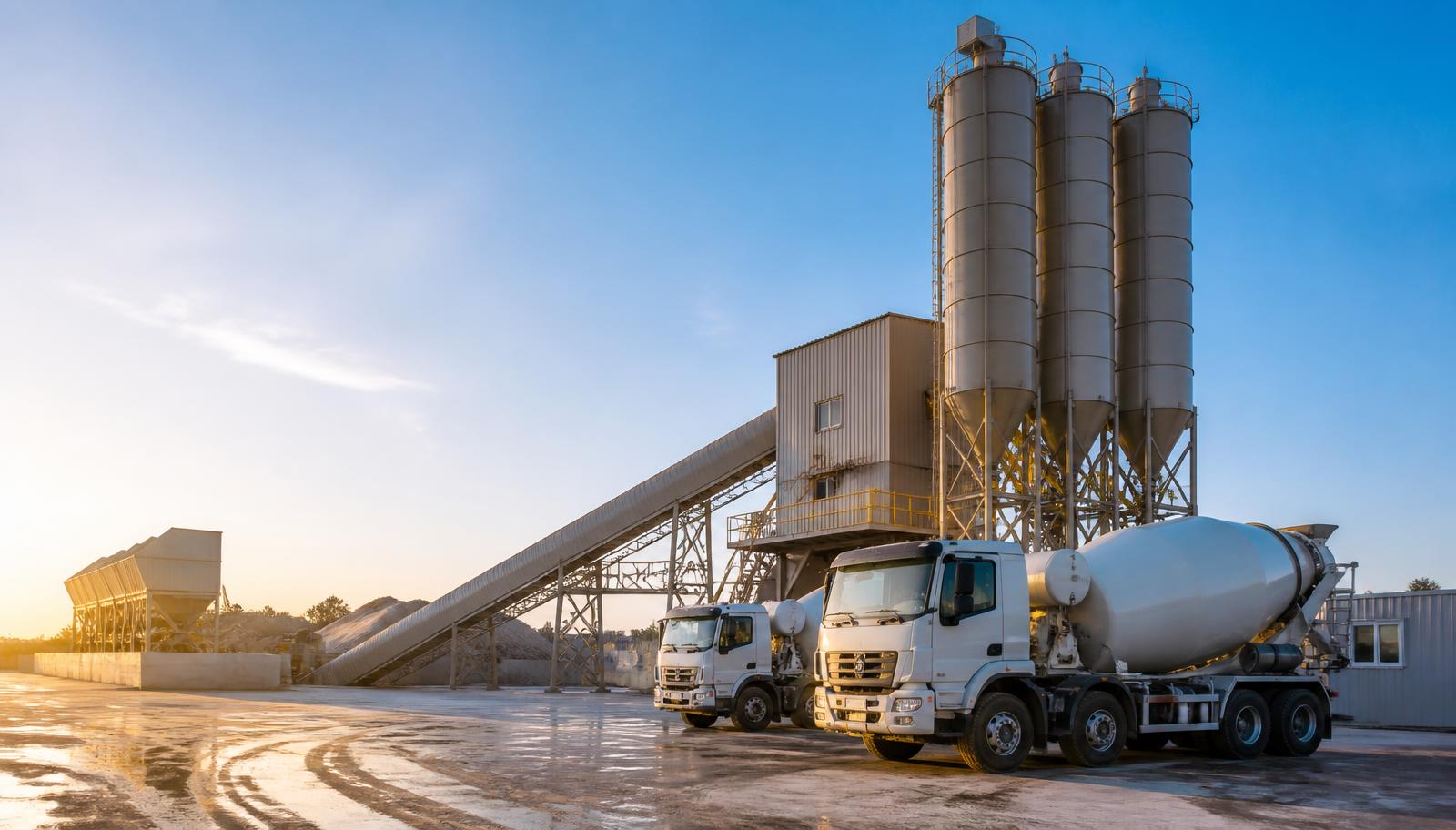Batching plant beton readymix PT Mitra Beton Mandiri Pekanbaru dengan silo semen dan truck mixer siap kirim